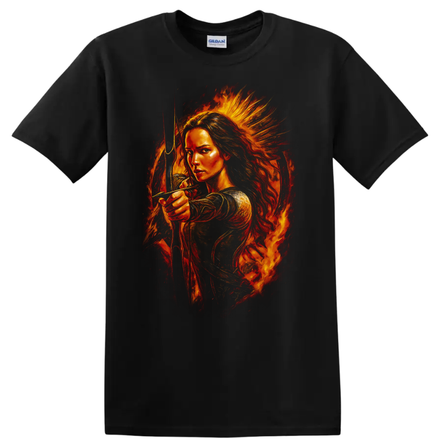 Fiery archer portrait with bow and flames The Hunger Games T Shirt on a Black T Shirt