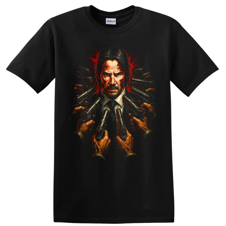 John Wick-inspired portrait with guns pointed inward and red splatter action art T Shirt on a Black T Shirt