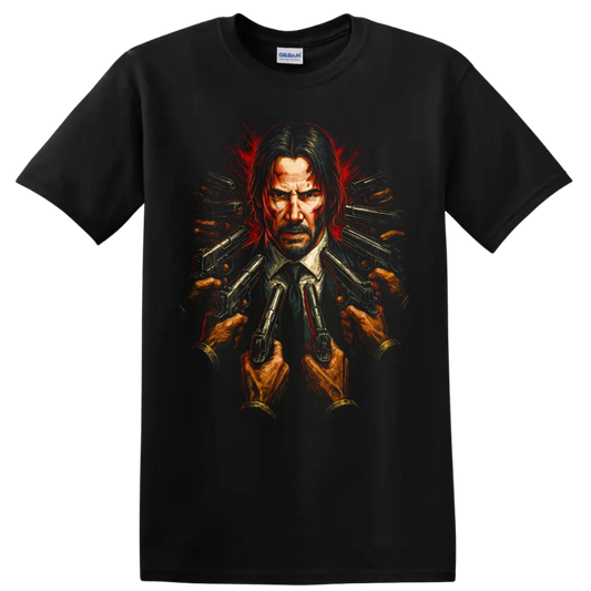 John Wick-inspired portrait with guns pointed inward and red splatter action art T Shirt on a Black T Shirt