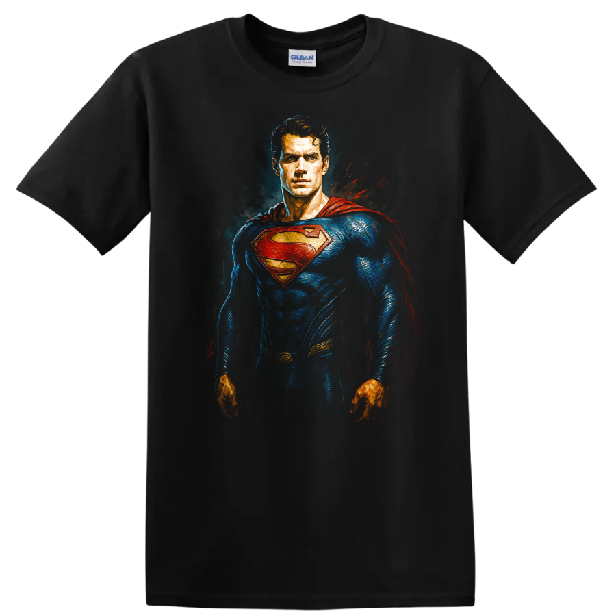 Superman in blue suit and red cape comic-style hero portrait T shirt on a Black T Shirt
