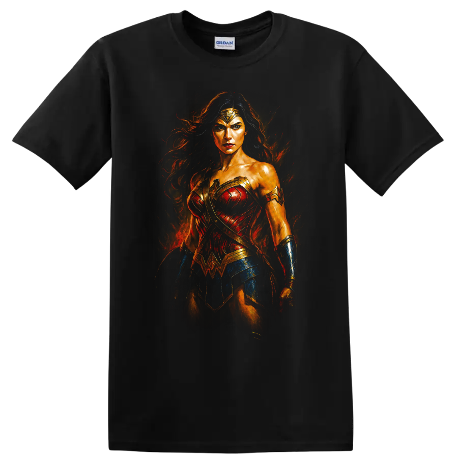 Wonder Woman fiery heroic portrait T Shirt design on a Black T Shirt