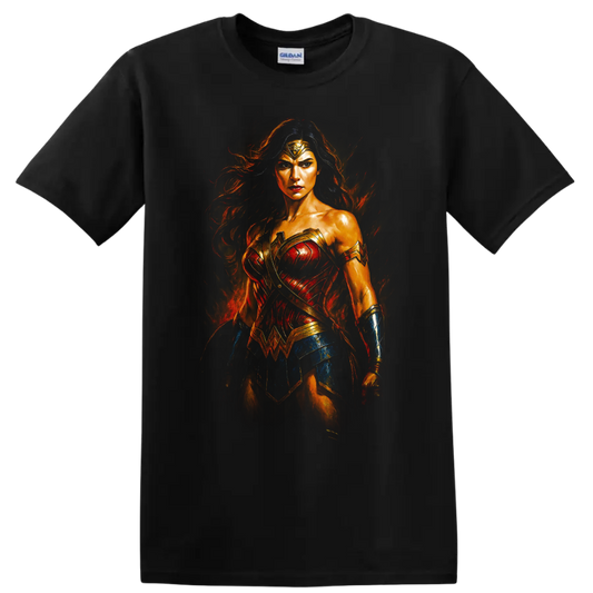Wonder Woman fiery heroic portrait T Shirt design on a Black T Shirt