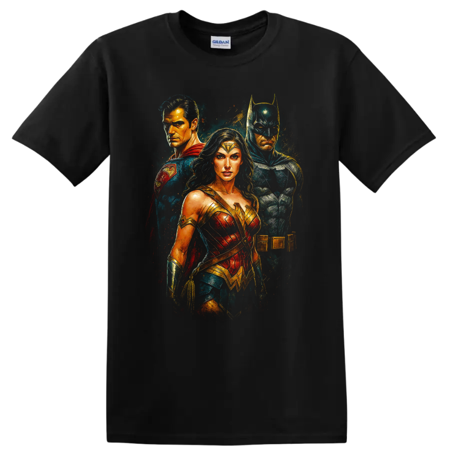 Cinematic Trinity-inspired hero trio portrait design on T shirt on a Black T Shirt