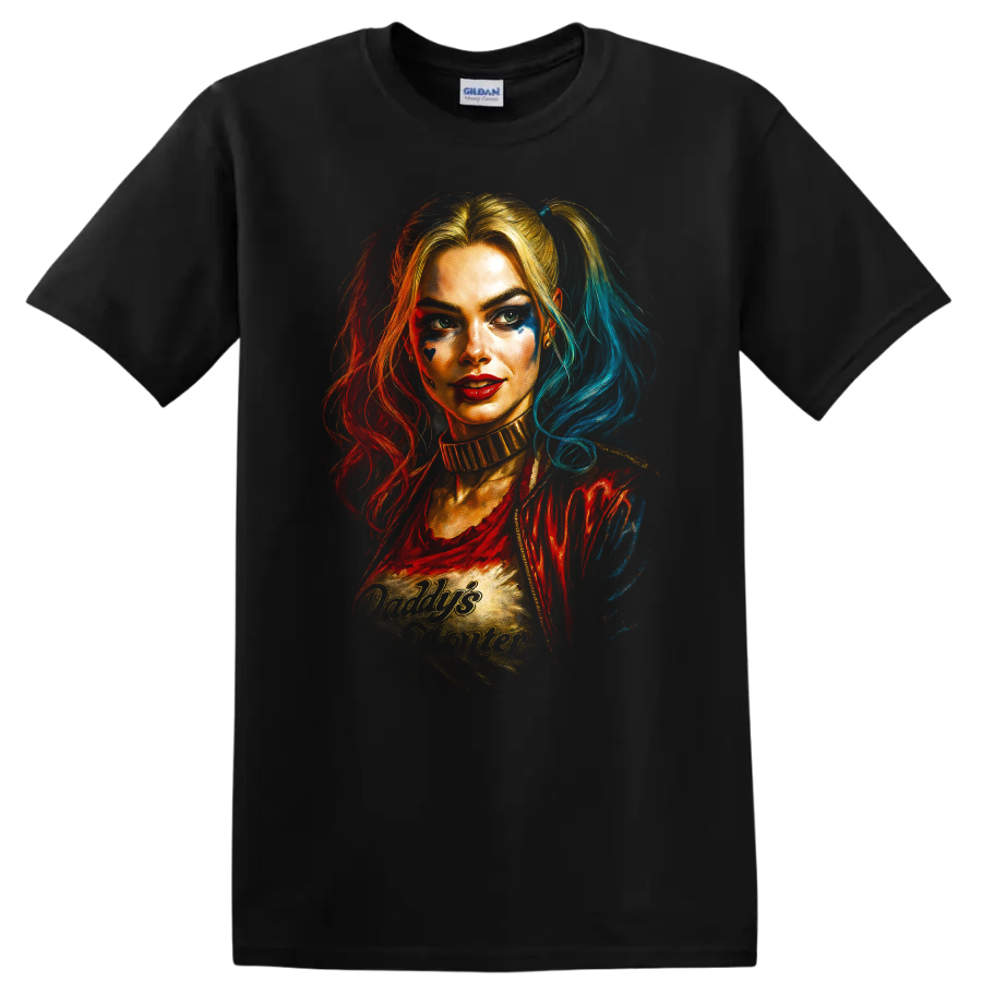 Harley Quinn portrait with Daddy's Lil Monster text Suicide Squad T Shirt on a Black T Shirt