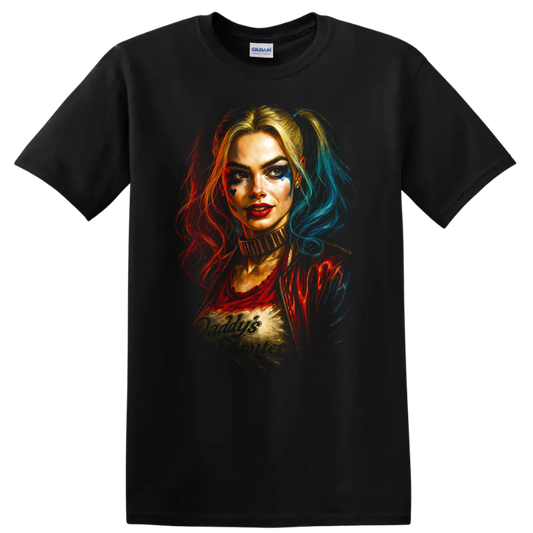 Harley Quinn portrait with Daddy's Lil Monster text Suicide Squad T Shirt on a Black T Shirt
