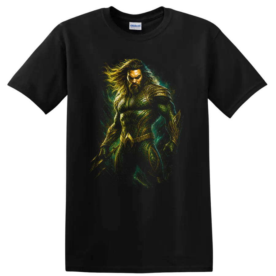 Aquaman-inspired armored hero artwork with green and gold fantasy style T Shirt on a Black T Shirt
