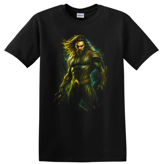 Aquaman-inspired armored hero artwork with green and gold fantasy style T Shirt on a Black T Shirt