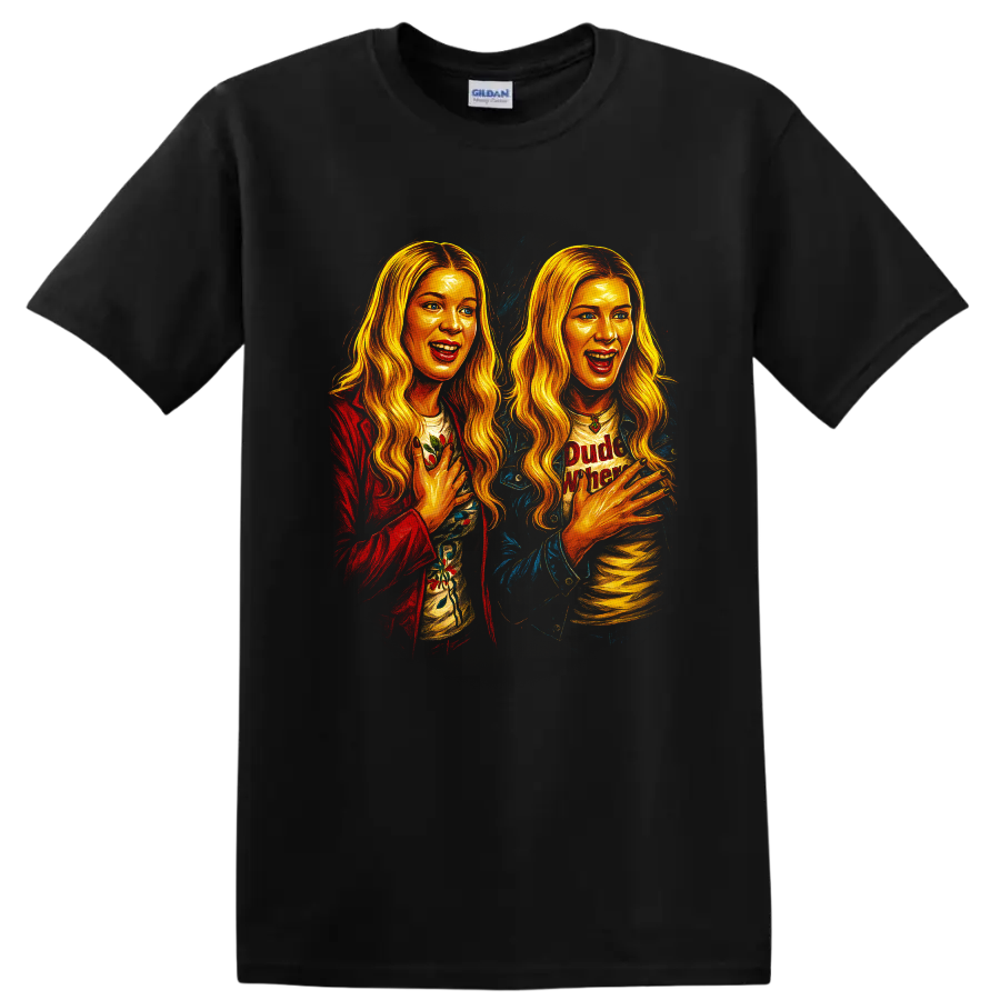 Colorful double portrait fan art inspired by Dude, Where's My Car movie T Shirt on a Black T Shirt