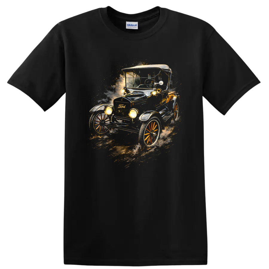 Ford Model T vintage old car graphic print with glowing headlights and dusty motion effect on a Black T Shirt