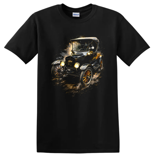 Ford Model T vintage old car graphic print with glowing headlights and dusty motion effect on a Black T Shirt