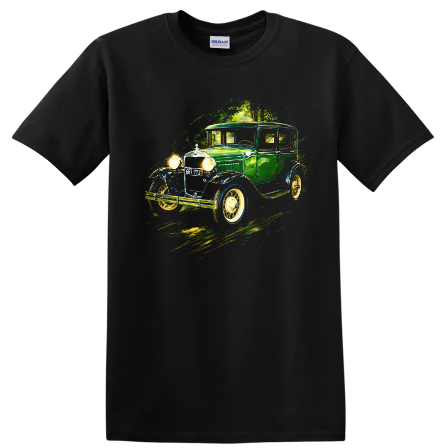 Green Ford Model A 1930 vintage car graphic print T-shirt on a Black T Shirt