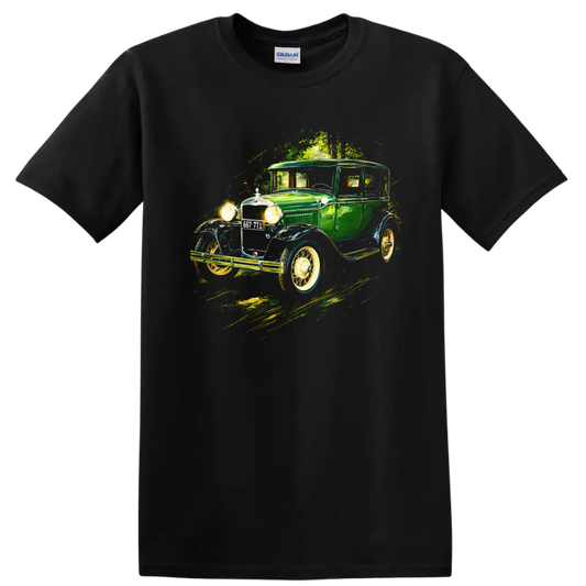 Green Ford Model A 1930 vintage car graphic print T-shirt on a Black T Shirt