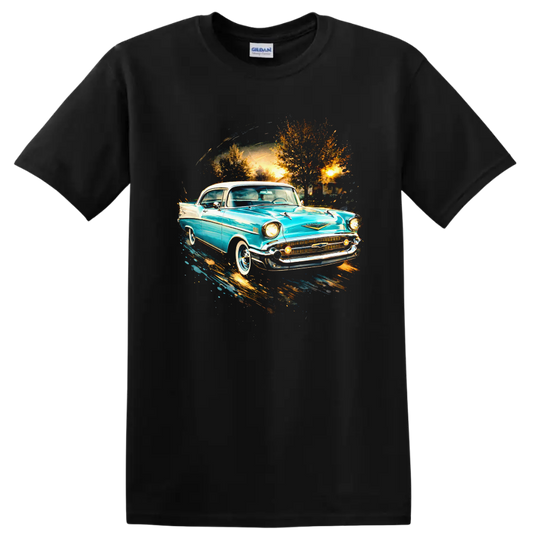 Turquoise 1957 Chevrolet Bel Air classic car graphic print with sunset backdrop on a Black T Shirt