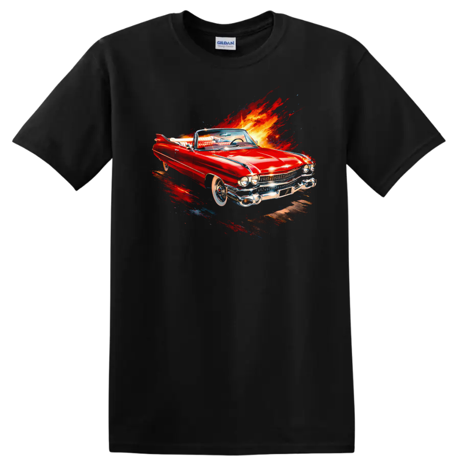 Red 1959 Cadillac Eldorado convertible with fiery motion graphic print on a Black T Shirt