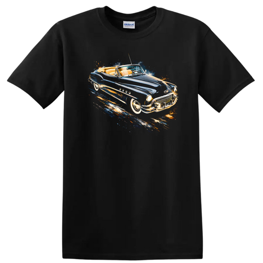 1951 Buick Super Convertible vintage car graphic print with blue and chrome details on a Black T Shirt