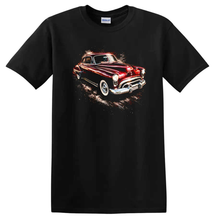 Red Oldsmobile Futuramic 88 Club Coupe classic car graphic print T shirt on a Black T Shirt