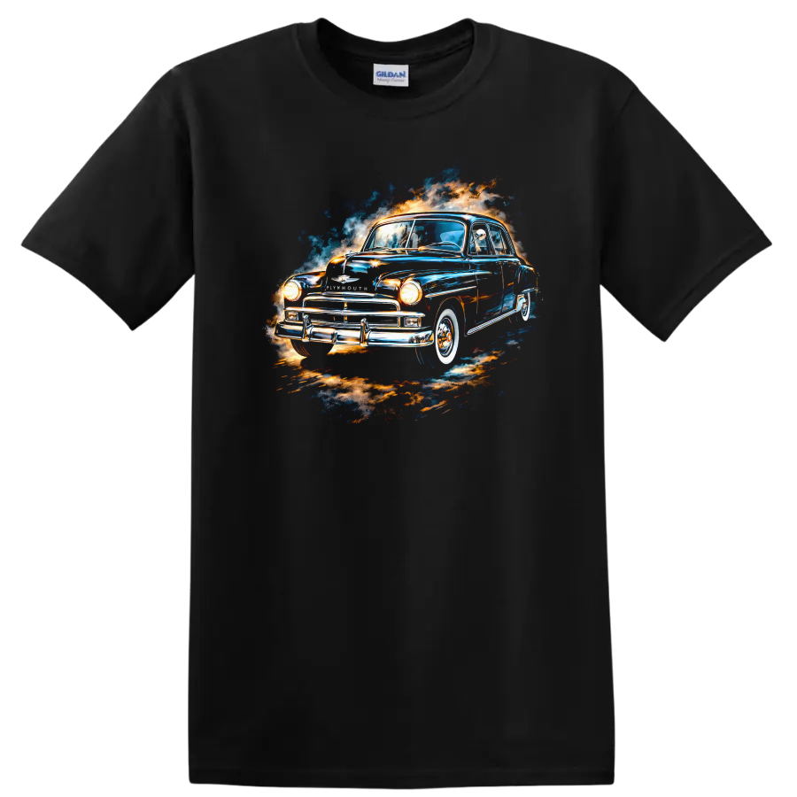 Watercolor Plymouth classic old car with blue and orange splash graphic print on a Black T Shirt
