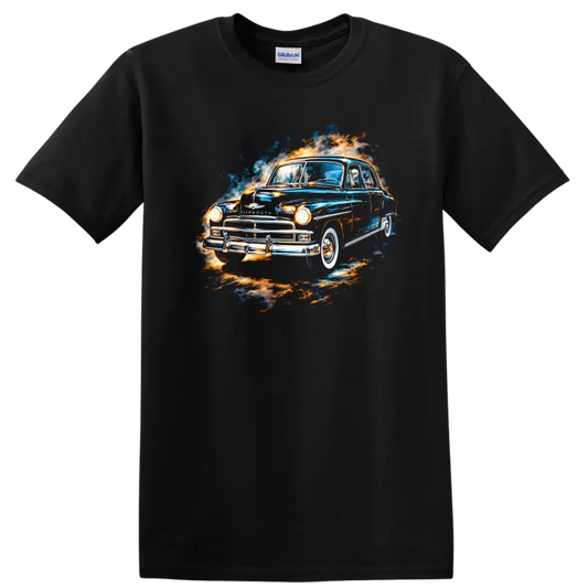 Watercolor Plymouth classic old car with blue and orange splash graphic print on a Black T Shirt