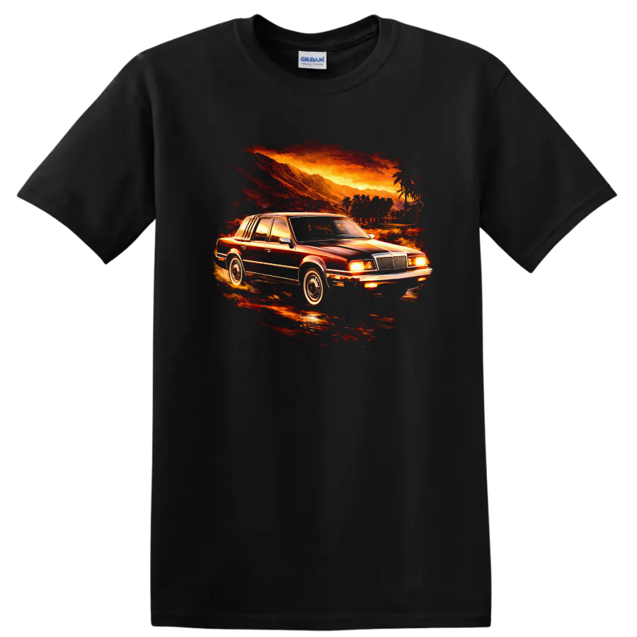 Classic Chrysler New Yorker XIII car in a fiery sunset graphic print T shirt on a Black T Shirt