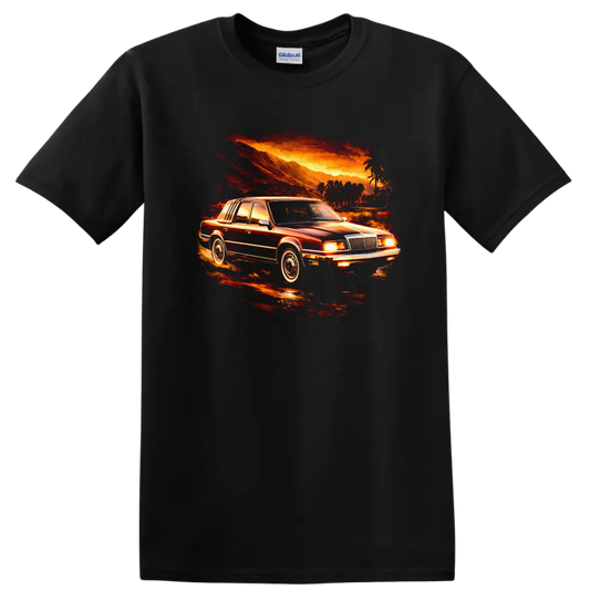 Classic Chrysler New Yorker XIII car in a fiery sunset graphic print T shirt on a Black T Shirt