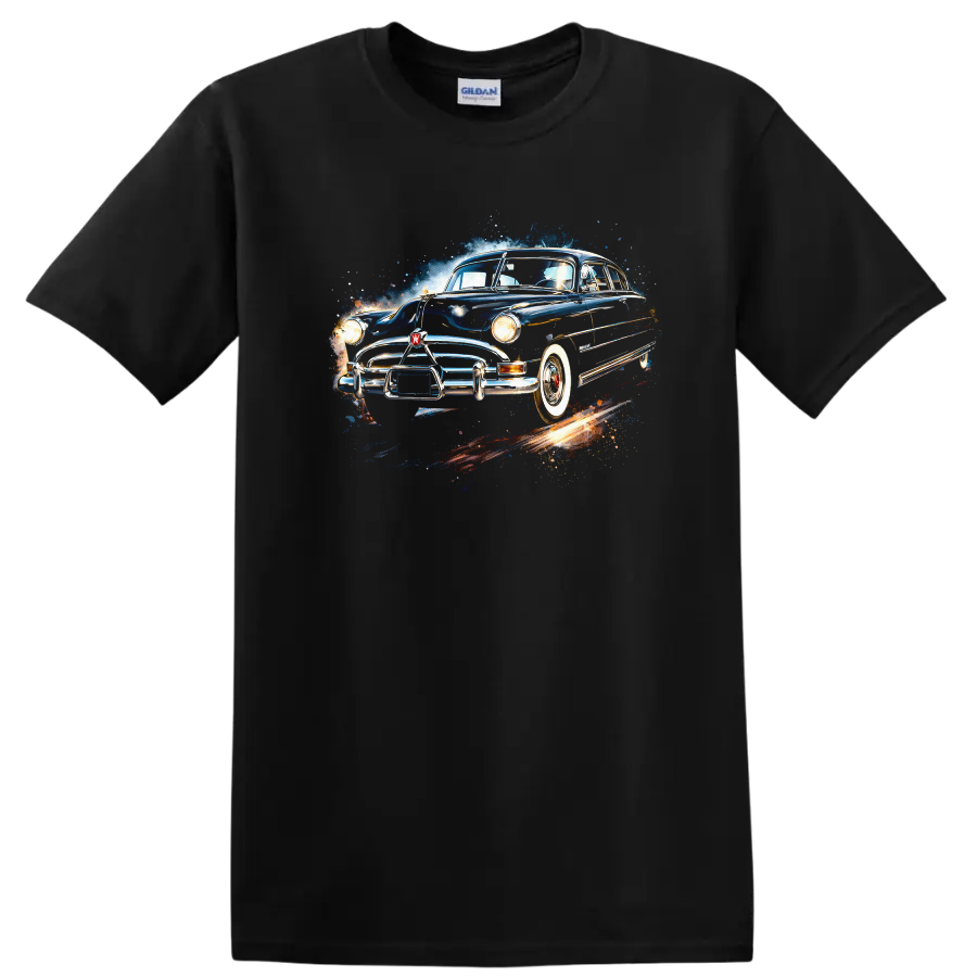 Classic Hudson Hornet old car graphic print with blue vintage racing design on a Black T Shirt