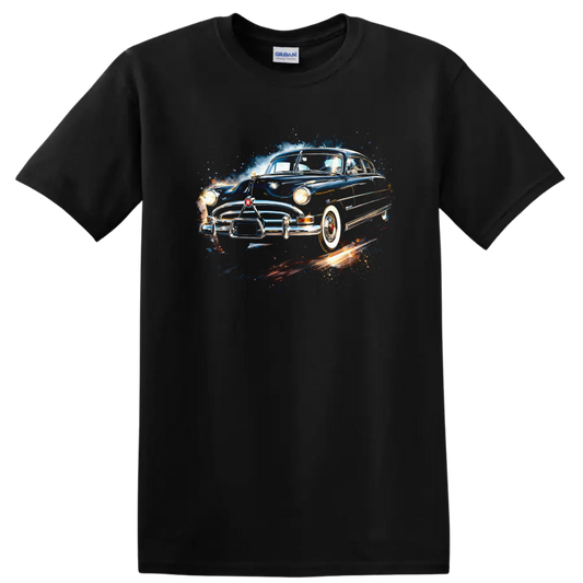 Classic Hudson Hornet old car graphic print with blue vintage racing design on a Black T Shirt