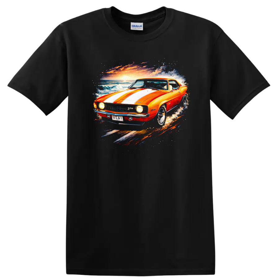 Orange 1969 Chevrolet Camaro Z/28 with white stripes, ocean waves, and sunset art on a Black T Shirt