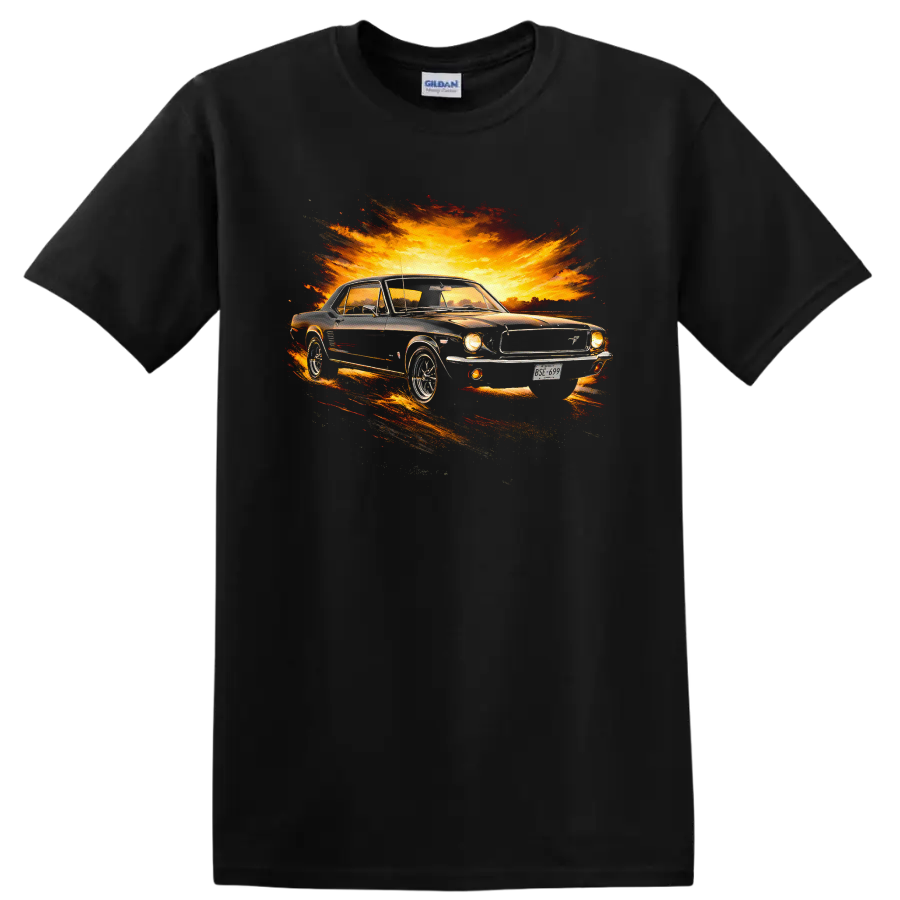 Old Ford Mustang graphic print with fiery sunset burst T shirt on a Black T Shirt