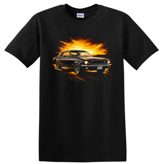 Old Ford Mustang graphic print with fiery sunset burst T shirt on a Black T Shirt