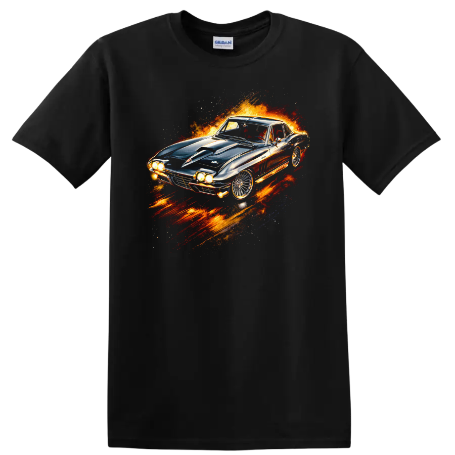 1963 Chevrolet Corvette Sting Ray flame graphic T shirt on a Black T Shirt