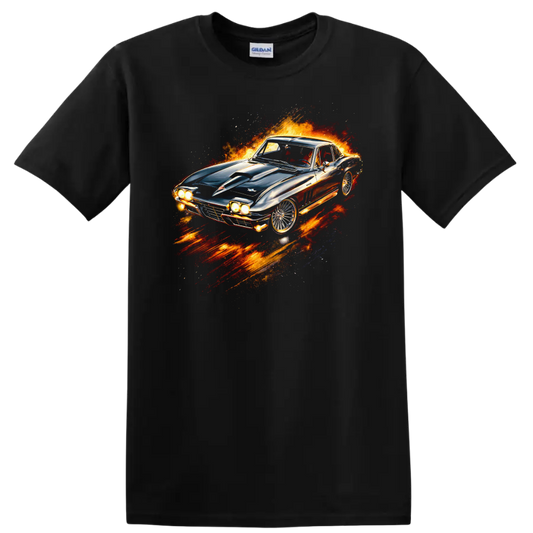 1963 Chevrolet Corvette Sting Ray flame graphic T shirt on a Black T Shirt