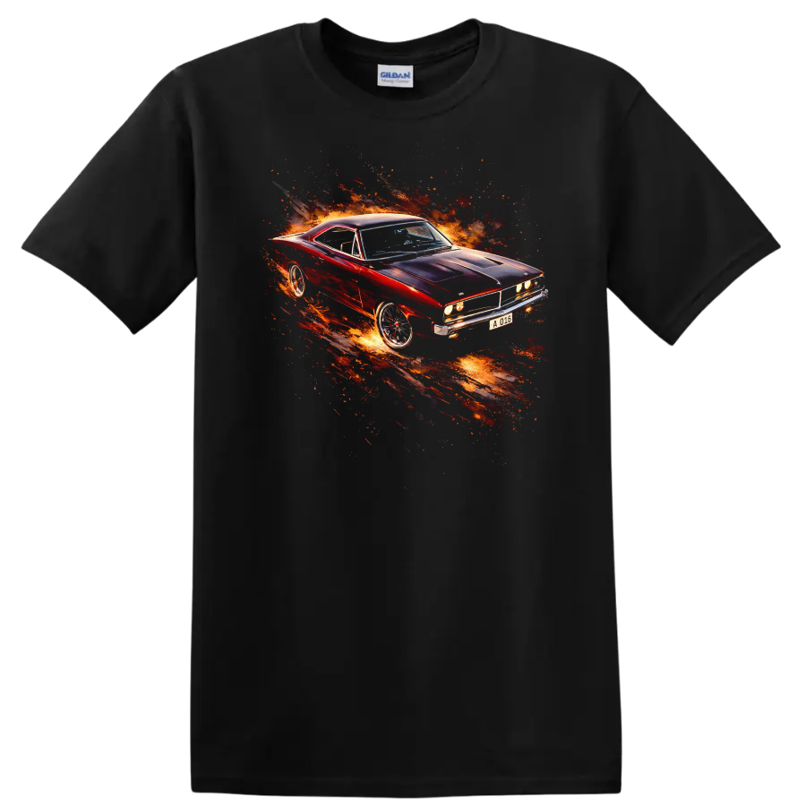 1969 Dodge Charger car with fiery graphic print on a T shirt on a Black T Shirt