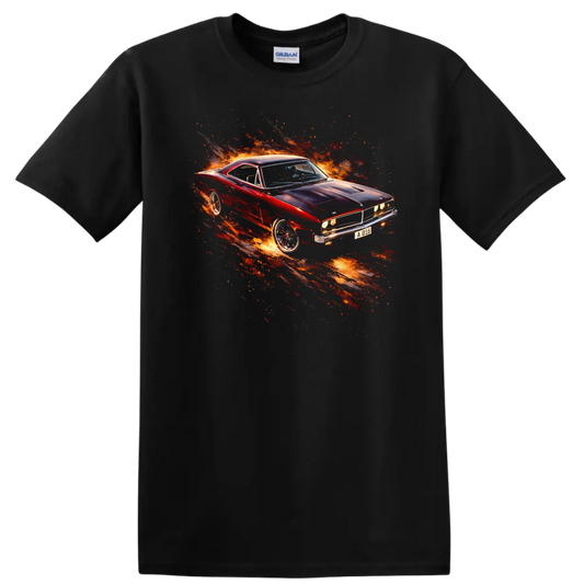 1969 Dodge Charger car with fiery graphic print on a T shirt on a Black T Shirt