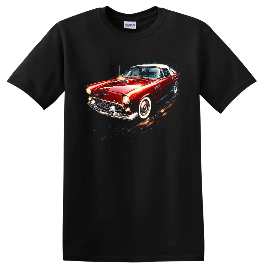 Red Ford Thunderbird classic car graphic print T shirt on a Black T Shirt