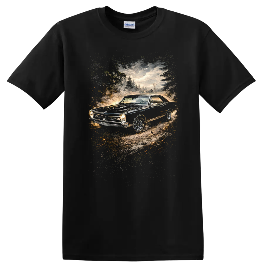 Pontiac GTO in a vintage countryside scene graphic print T shirt on a Black T Shirt