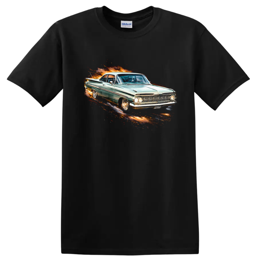 1961 Chevrolet Impala classic car with flame-style graphic print on a Black T Shirt
