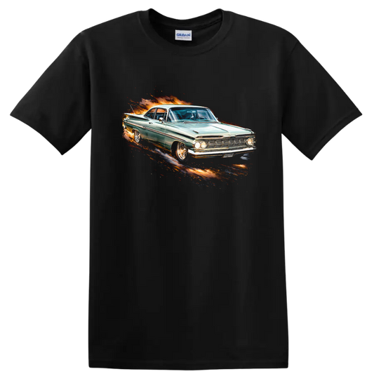 1961 Chevrolet Impala classic car with flame-style graphic print on a Black T Shirt