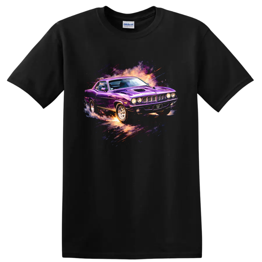 Purple Plymouth Barracuda car graphic print T-shirt with explosive retro splash effects on a Black T Shirt