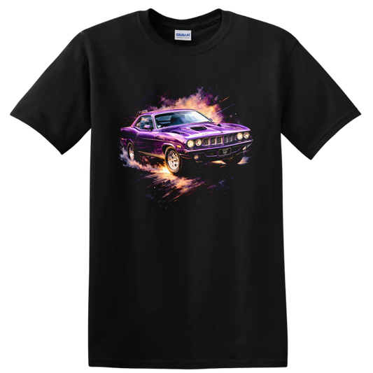 Purple Plymouth Barracuda car graphic print T-shirt with explosive retro splash effects on a Black T Shirt