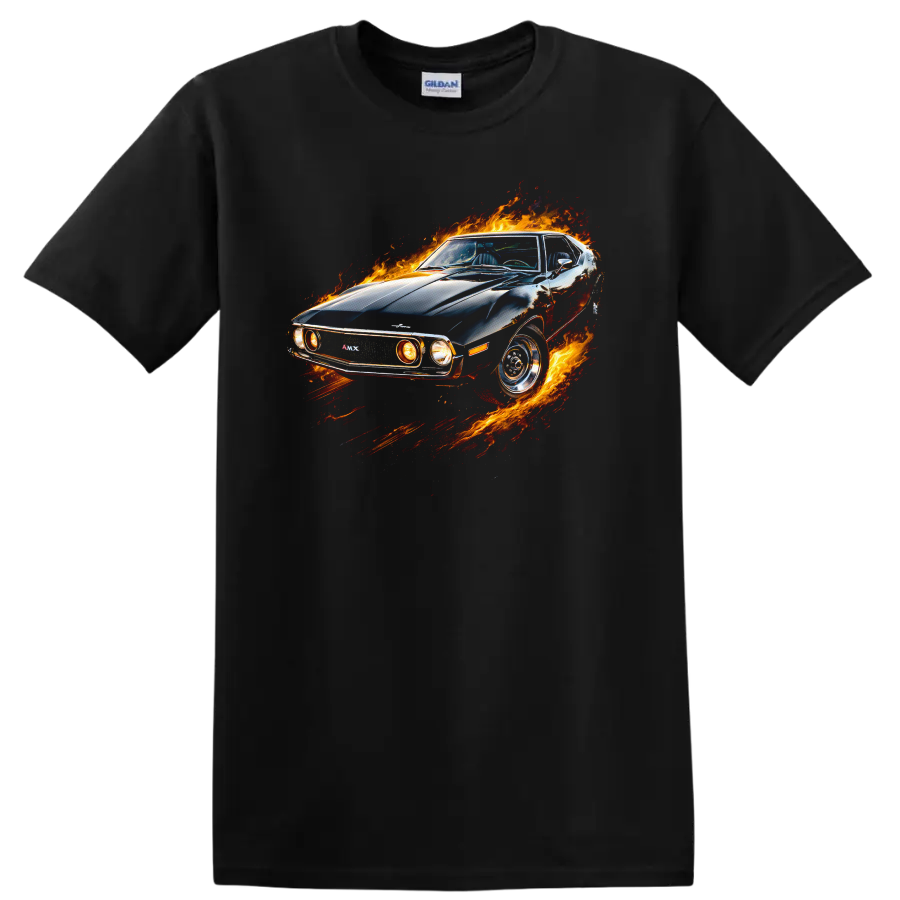 AMC Javelin AMX muscle car surrounded by flames graphic on a black T shirt on a Black T Shirt