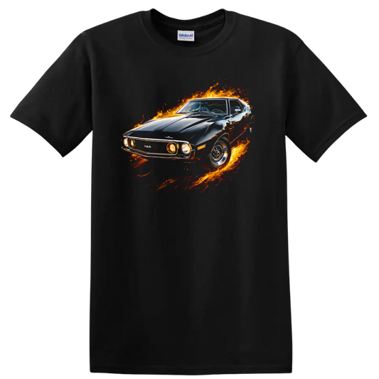 AMC Javelin AMX muscle car surrounded by flames graphic on a black T shirt on a Black T Shirt