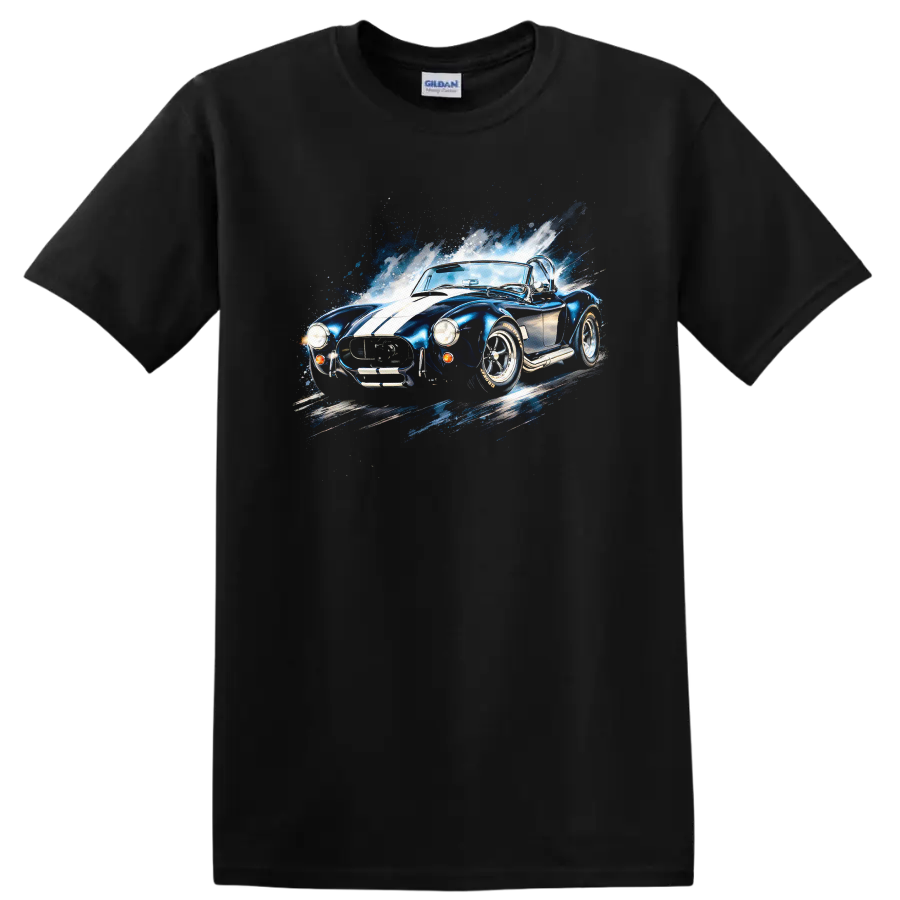 Blue Shelby Cobra old car graphic print with white stripes and splash effect on a Black T Shirt