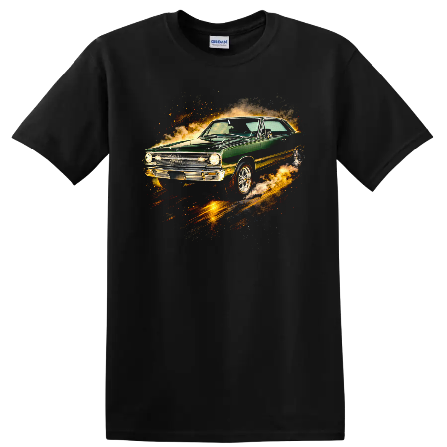 Green 1968 Dodge Dart with fiery motion effects graphic print T shirt on a Black T Shirt