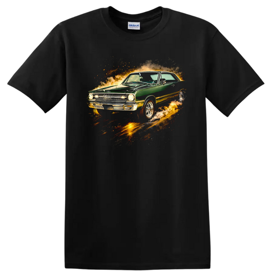 Green 1968 Dodge Dart with fiery motion effects graphic print T shirt on a Black T Shirt