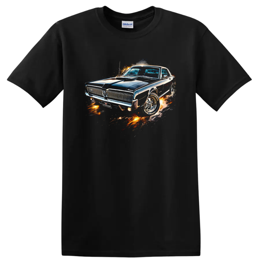 1967 Mercury Cougar classic car graphic print with chrome details and fiery effects on a Black T Shirt