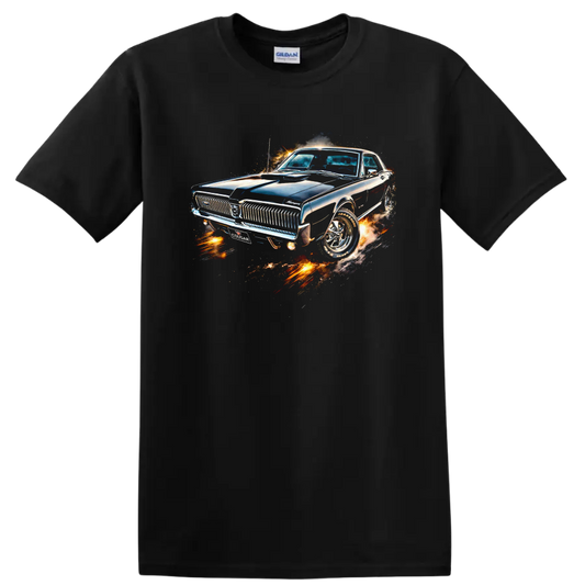 1967 Mercury Cougar classic car graphic print with chrome details and fiery effects on a Black T Shirt