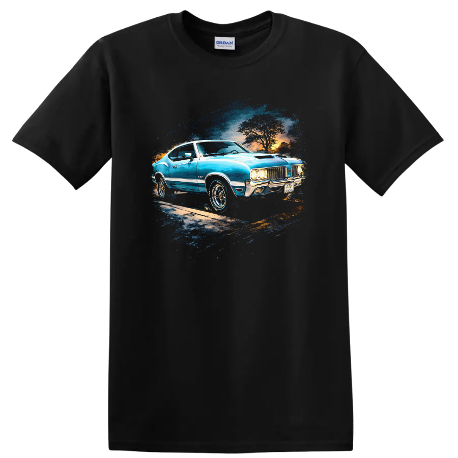 Blue 1970 Oldsmobile 442 classic car graphic print T-shirt on a Black T Shirt