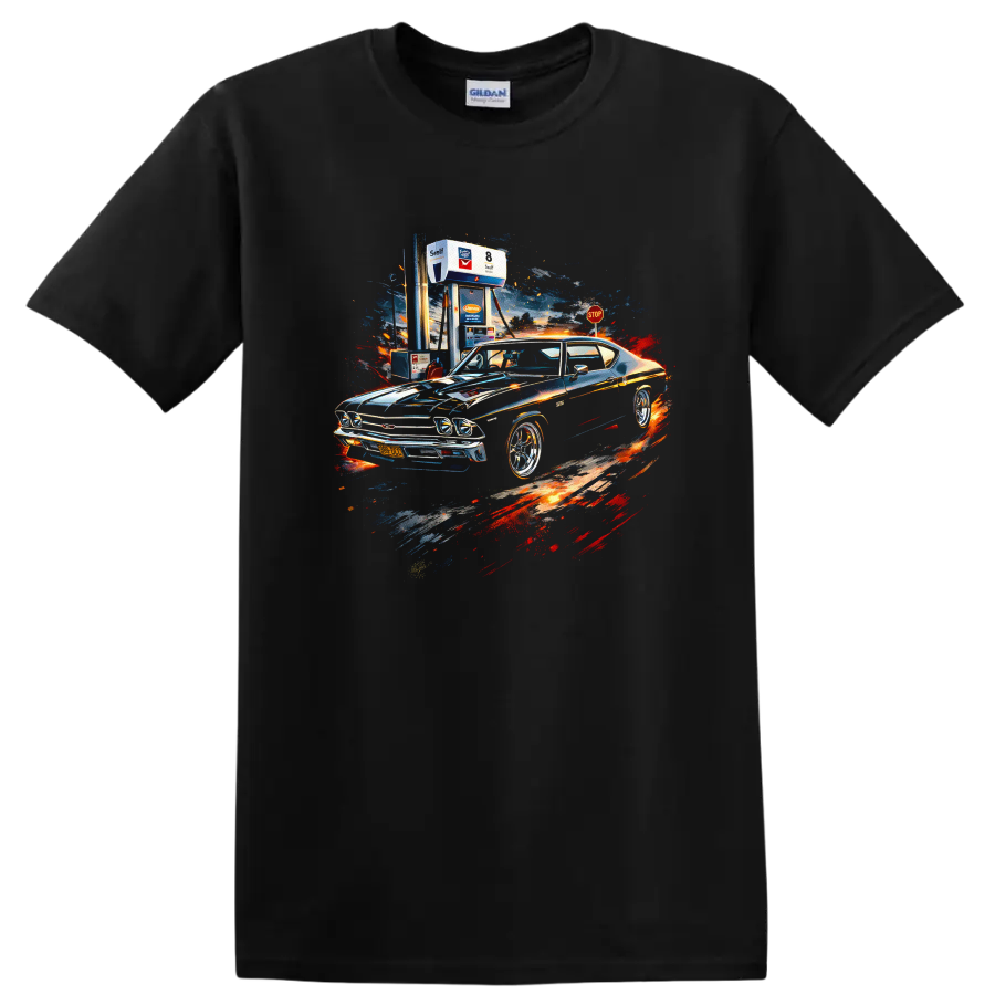Chevrolet Chevelle muscle car with colorful splash art graphic print on T shirt on a Black T Shirt