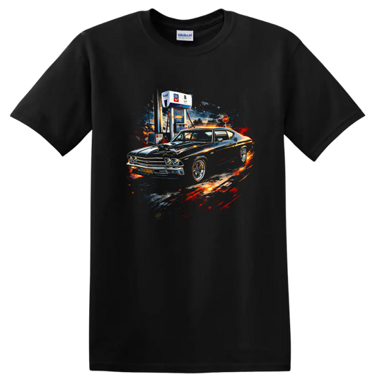 Chevrolet Chevelle muscle car with colorful splash art graphic print on T shirt on a Black T Shirt