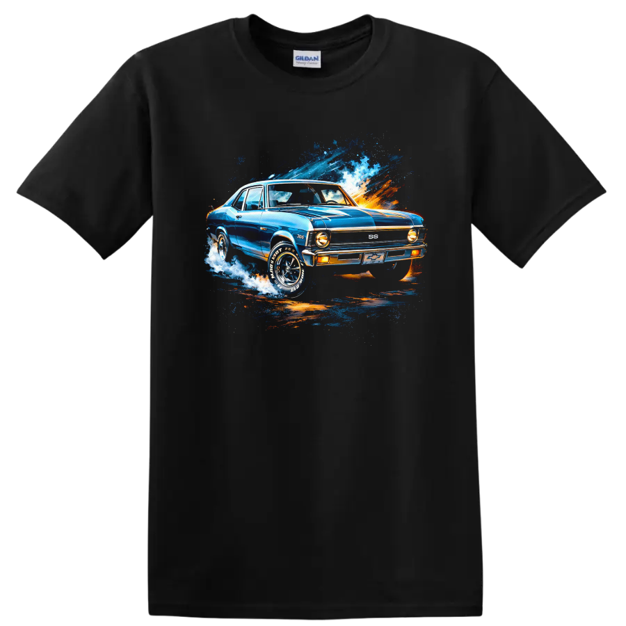 Blue 1970 Chevrolet Nova SS classic car graphic T shirt with splash effects on a Black T Shirt